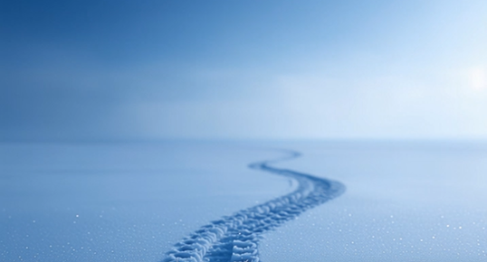 Kurvige Reifenspur im Schnee, die an die Saugnäpfe eines Oktopustentakels erinnert – symbolisiert das agile Handling und die präzise Steuerung der Nissan Original Winterkompletträder.